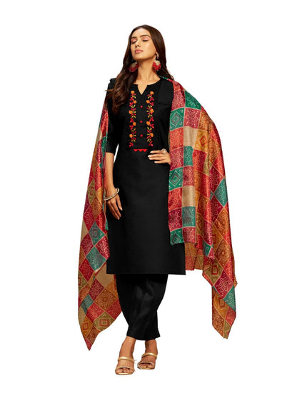 EthnicJunction Women's Embroidered Mirror Work Cotton Straight Salwar Kurta Dupatta Set