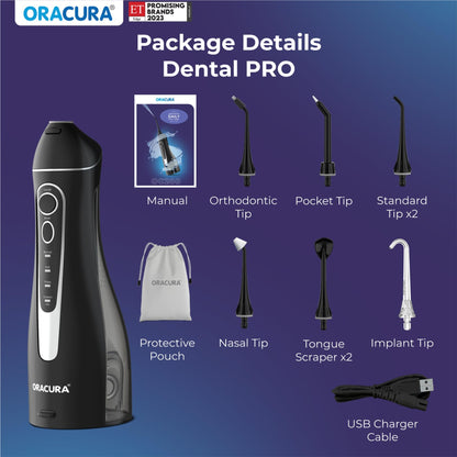 ORACURA® OC200 Dental PRO Smart PLUS Water Flosser® Black, 8 Nozzle Tips, Portable & Rechargeable, Custom 8 Water Pressure Settings, 200ml Tank Capacity, IPX7 Waterproof, 365 Days Warranty