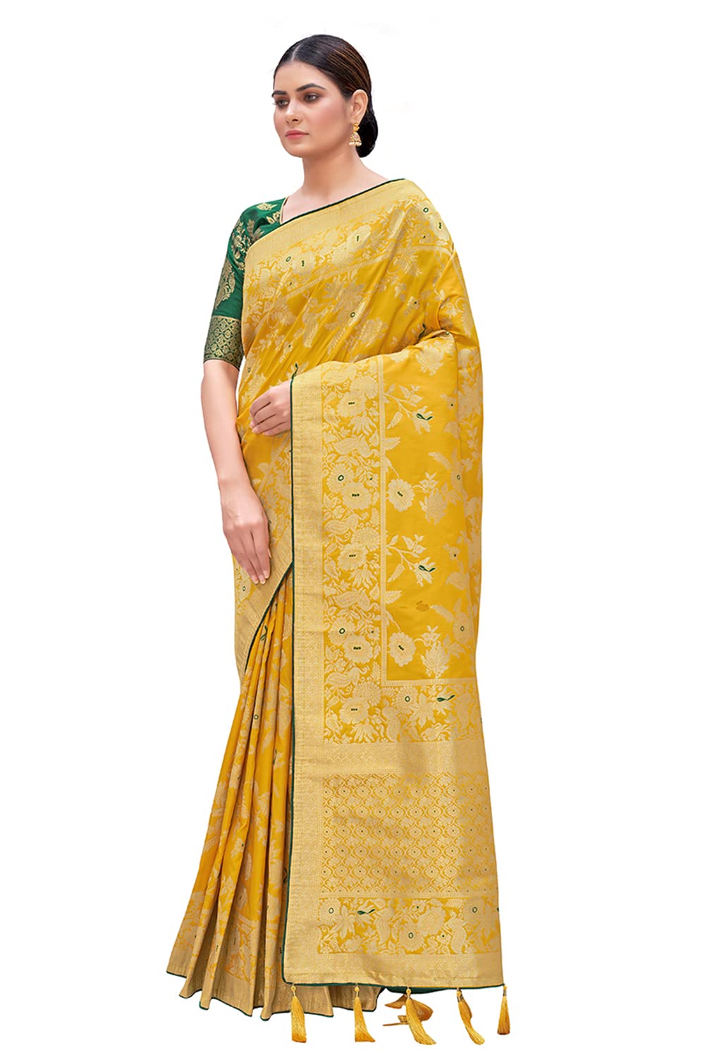 Monjolika Fashion Women's Banarasi Silk Blend Woven Zari With Tussles Saree and Jacquard Woven Blouse Piece (37765 color)