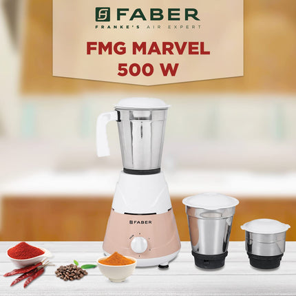 Faber Marvel 500W Blender Mixer Grinder, || Low-Noise, up to 18000 RPM Speed || 1 Year Comprehensive Warranty (FMG Marvel 500W 3J PW) Peach White