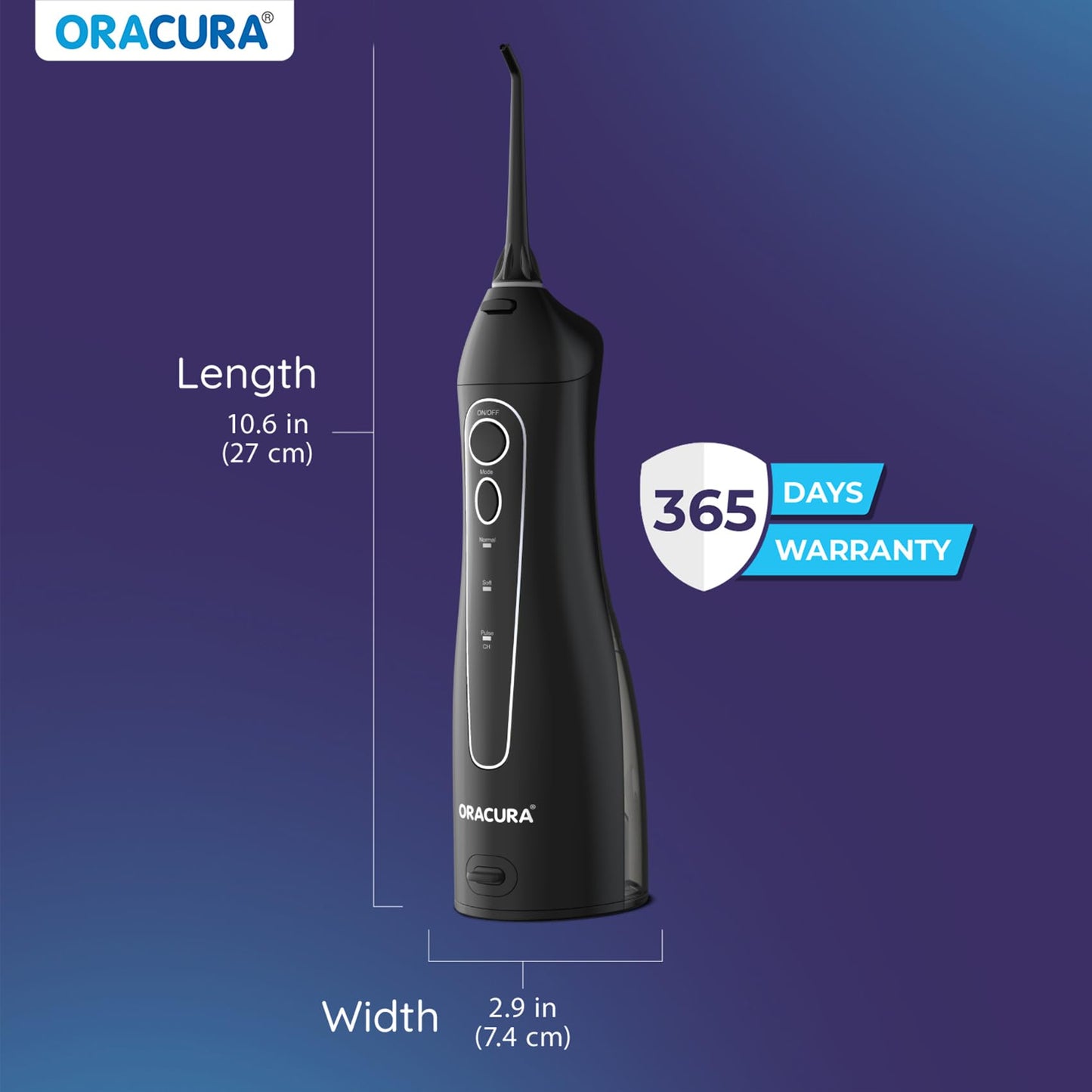 ORACURA OC150 Dental PRO Smart Water Flosser Black, 150ml water tank capacity, Portable & Rechargeable, 3 Modes, 365 Days Warranty