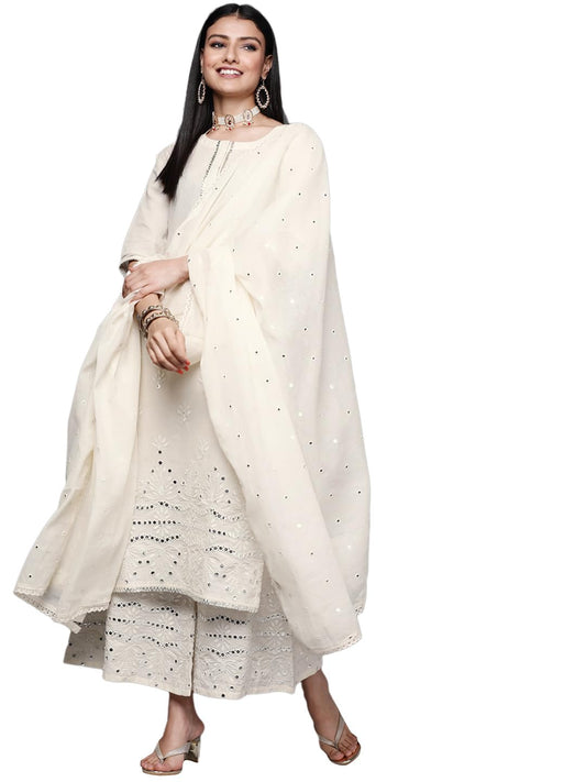 Libas Women Embroidered Cotton Straight Kurta & Palazzo With Dupatta