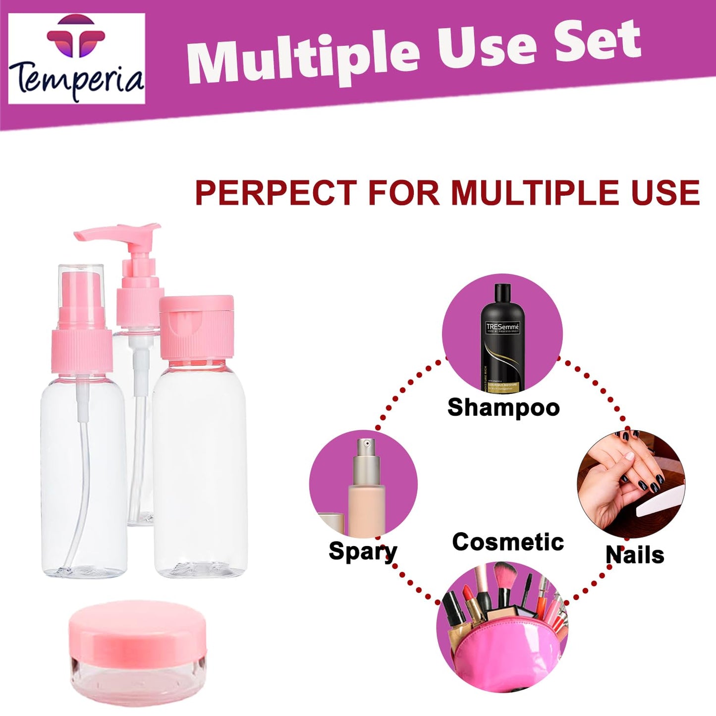 Temperia (7pcs Travel Bottles for Toiletries - Refillable Empty Mini Small Container Travelling Kit Set for Shampoo, Cosmetics & Other Essentials - with Pouch (Random Colours)