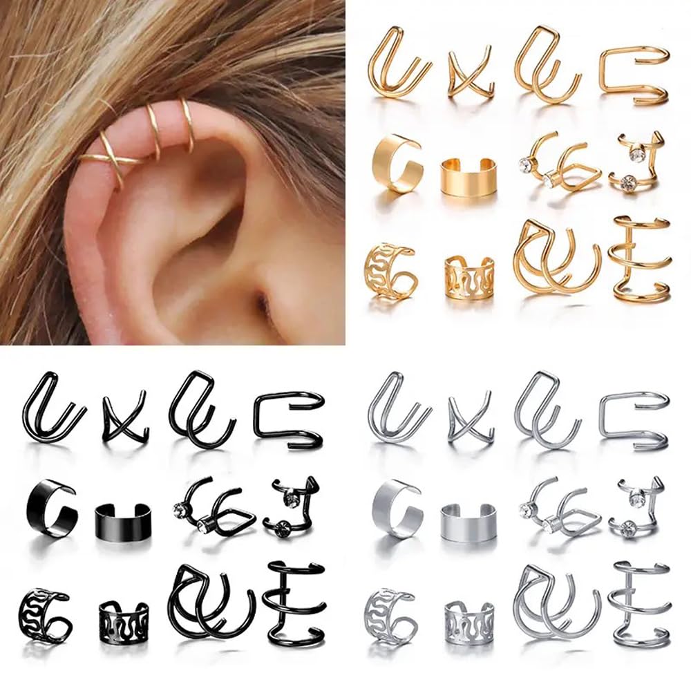 Shining Diva Fashion Latest Stylish 36 Pcs Combo Clip On Ear Cuff Earrings for Women Girls Men Punk Non-Piercing Cute Gold Silver Black Color Fake Cartilage Earrings