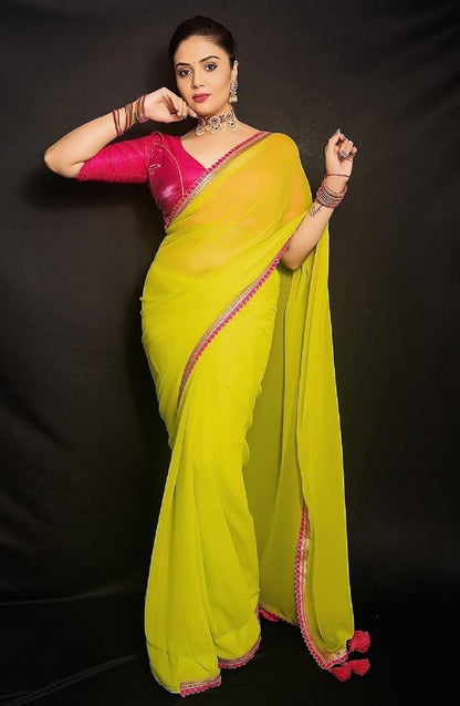 SATAZ Women's Ready to Wear Lemon Green Georgette 1 Minute Pre Pleated Bollywood Saree with Unstitched Silk Pink Blouse