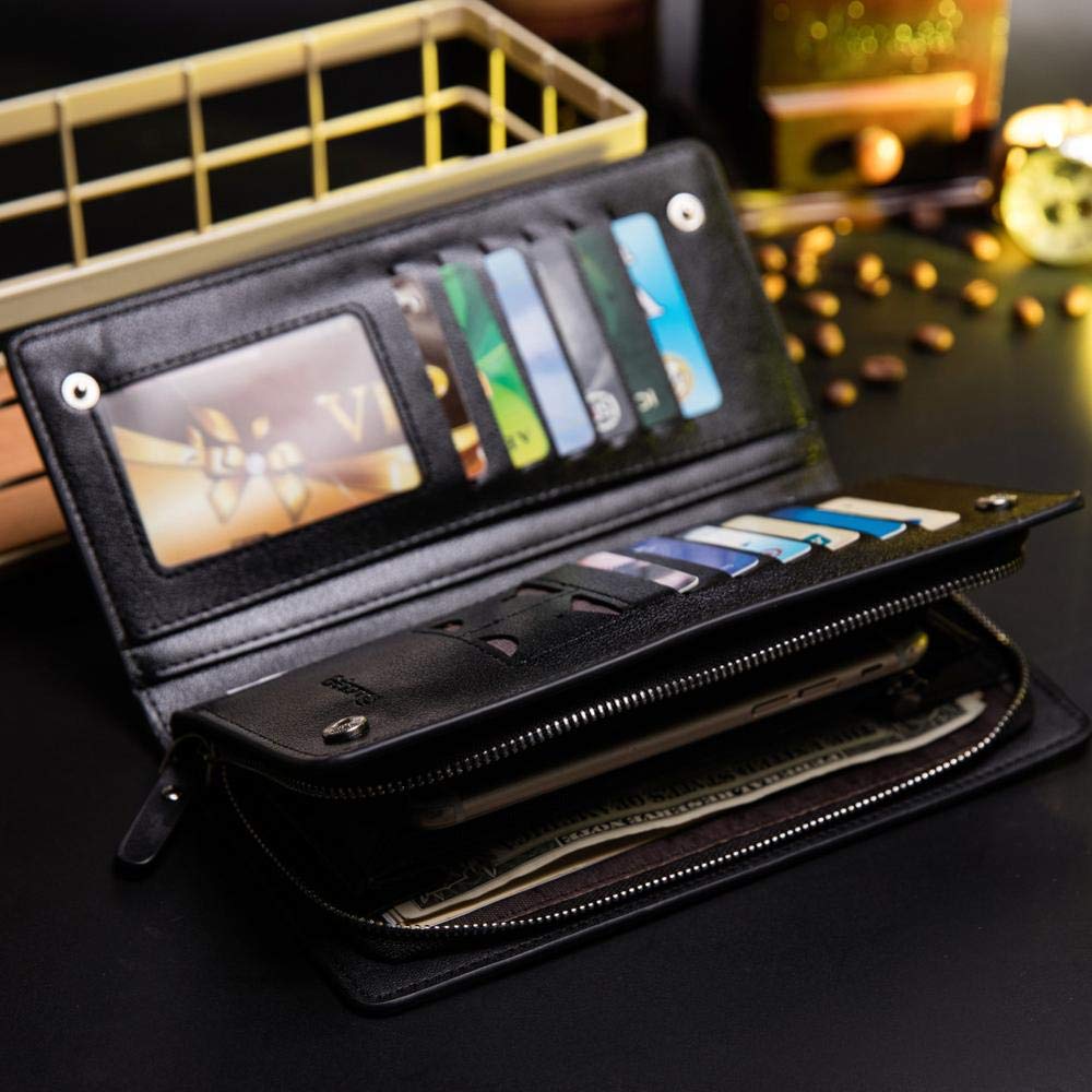 Elios Long Black PU Leather Wallet for Women (Black)