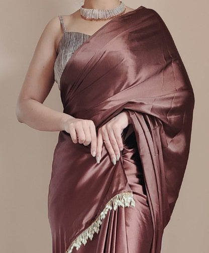 SATAZ Women's Ready to Wear Coffee Satin Silk 1 Minute Pre Pleated Heavy Saree with Designer Hand Work Tassels