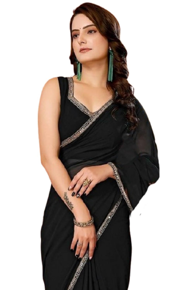 SATAZ Women's Ready to Wear Black Georgette 1 Minute Pre Pleated Mirror Lace Saree with Unstiched Blouse