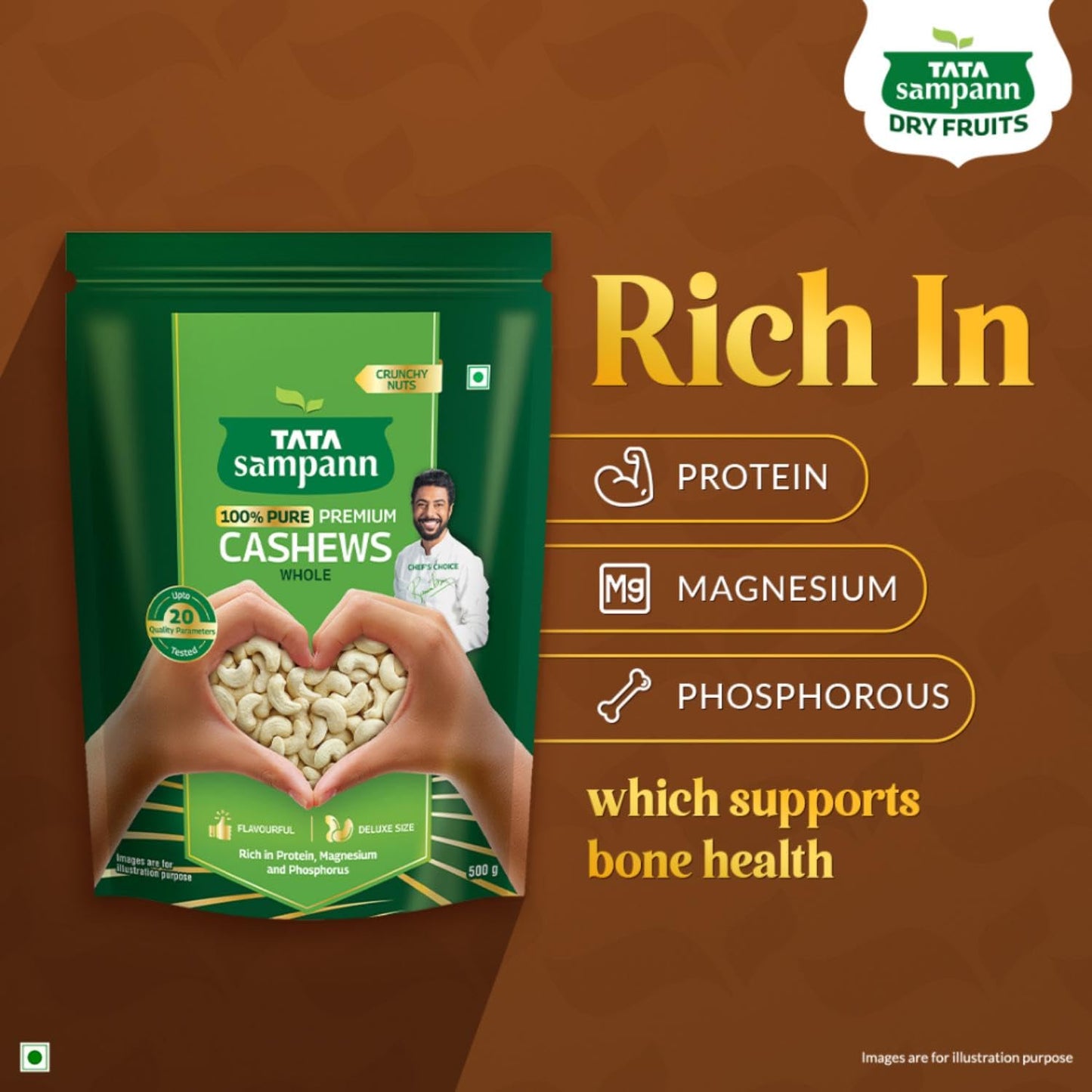 Tata Sampann Pure Cashews Whole/Kaju, 500g, Nutritious & Delicious, Premium Kaju nuts, Rich in Protein, Magnesium & Phosphorus, Deluxe Size & Crunchy Nuts