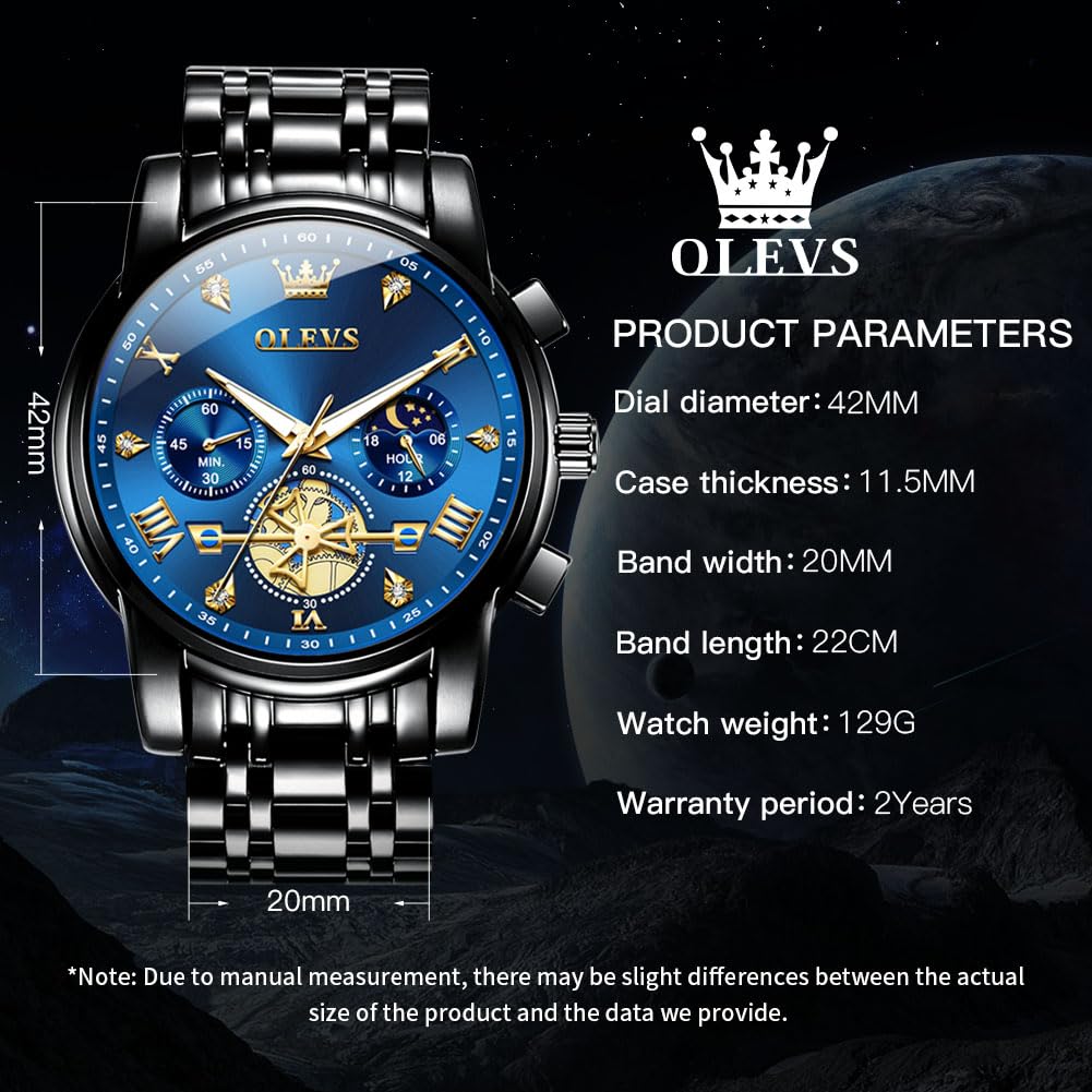 OLEVS Mens Watches Chain Chronograph Business Dress Quartz Stainless Steel Wrist Watch Waterproof Luminous Date