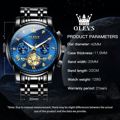 OLEVS Mens Watches Chain Chronograph Business Dress Quartz Stainless Steel Wrist Watch Waterproof Luminous Date