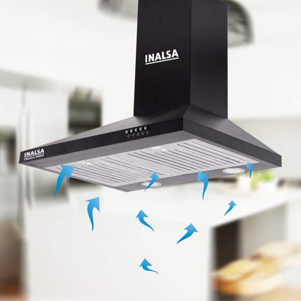 INALSA EKON 60cm 1100 m³/hr Pyramid Kitchen Chimney With Elegant Look|Push Button Control|Efficient Dual LED Lamps & Filterless|5 Year Warranty on Motor (Black)