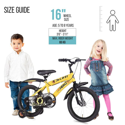 Hero Blast 16T Kids Cycle with Training Wheels and Mudgaurds | Yellow | Easy Self-Assembly | Cycle for Age 4 to 8 Years Boys and Girls 12 Inches, Rigid | 95% Assembled Cycle(Ready to Ride in 5 Mins) 