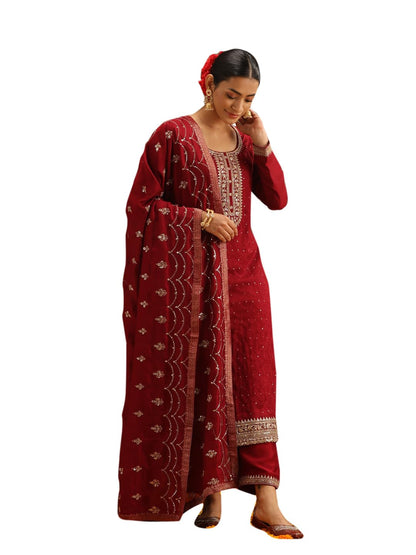 Libas Women Embroidered Silk Blend Straight Kurta Trouser With Dupatta Set