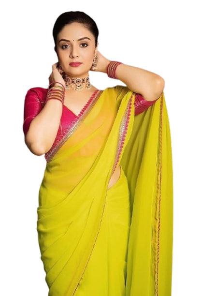 SATAZ Women's Ready to Wear Lemon Green Georgette 1 Minute Pre Pleated Bollywood Saree with Unstitched Silk Pink Blouse