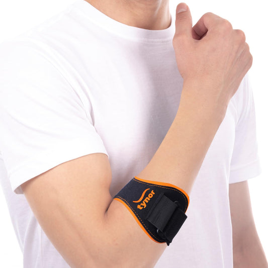 TYNOR Tennis Elbow Support Pro for Men & Women, Tennis & Golfer's Adjustable Elbow Strap with Compression Pad Elbow Arm Band for Tendonitis Forearm Brace Straps Universal, Black & Orange, 1 Unit