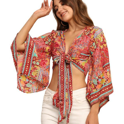 KE Kanha exportsWomen’s and Girls/Ladies Wrap Around Tops Beach wear Tunic Top V Neck Silk Casual Sleeve Printed Top Relaxed Fit Free Size