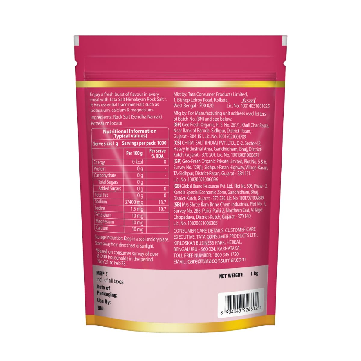 Tata Himalayan Rock Pink Salt, 1kg Pouch, Premium Sendha Namak, With Natural Trace Minerals, Low Sodium, Crystal Salt