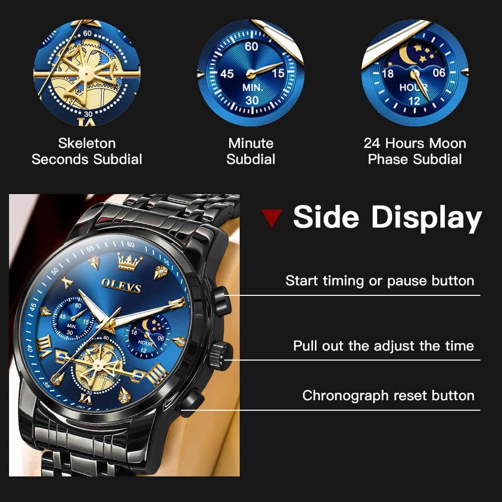 OLEVS Mens Watches Chain Chronograph Business Dress Quartz Stainless Steel Wrist Watch Waterproof Luminous Date