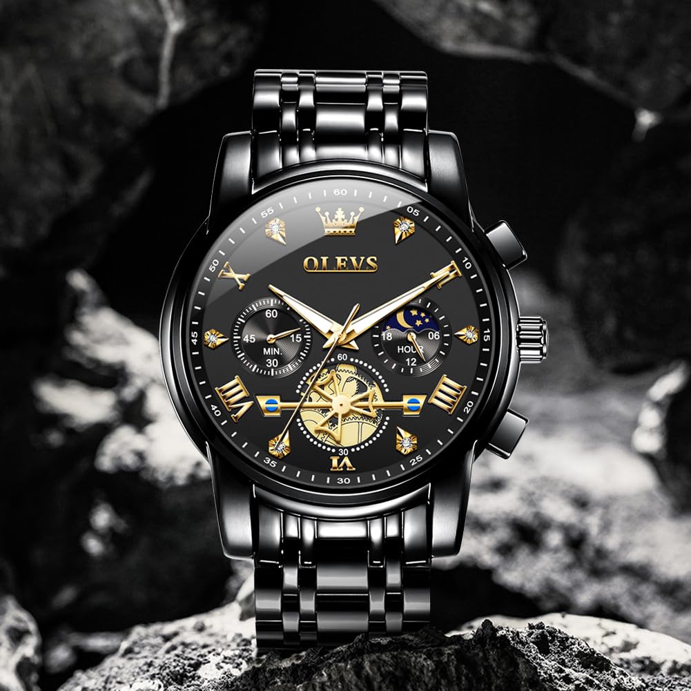 OLEVS Mens Watches Chain Chronograph Business Dress Quartz Stainless Steel Wrist Watch Waterproof Luminous Date