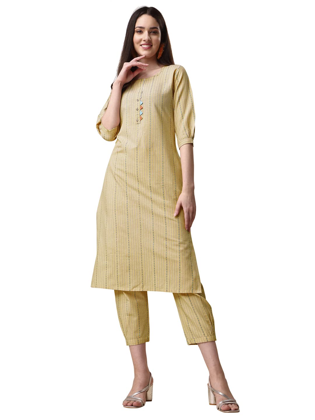 EthnicJunction Women's Rayon Woven Striped Work Straight Kurta With Pant