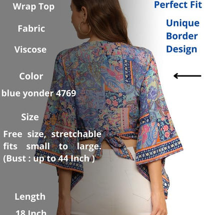 KE Kanha exportsWomen’s and Girls/Ladies Wrap Around Tops Beach wear Tunic Top V Neck Silk Casual Sleeve Printed Top Relaxed Fit Free Size