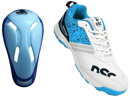 DSC Armour Cricket Abdominal Guard (Mens, Multicolour)+DSC Zooter Cricket Shoe for Men and Boys, Size-9 UK (White-Blue)