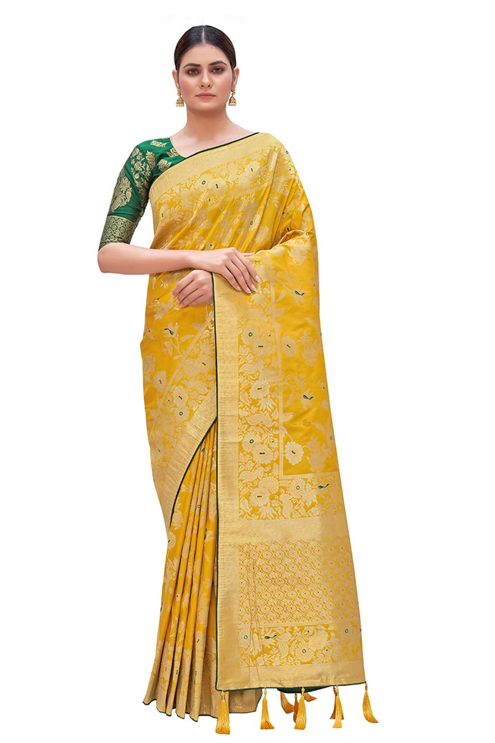 Monjolika Fashion Women's Banarasi Silk Blend Woven Zari With Tussles Saree and Jacquard Woven Blouse Piece (37765 color)