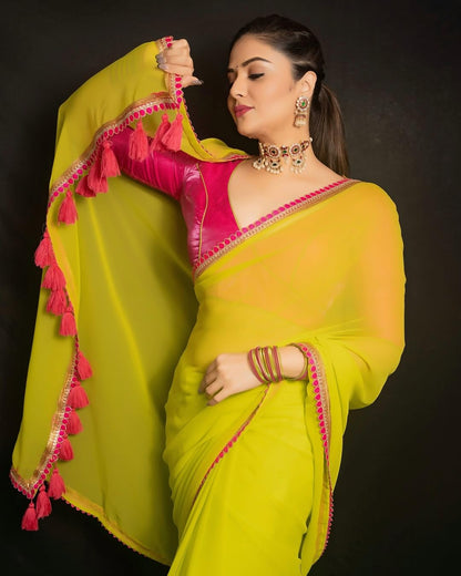 SATAZ Women's Ready to Wear Lemon Green Georgette 1 Minute Pre Pleated Bollywood Saree with Unstitched Silk Pink Blouse