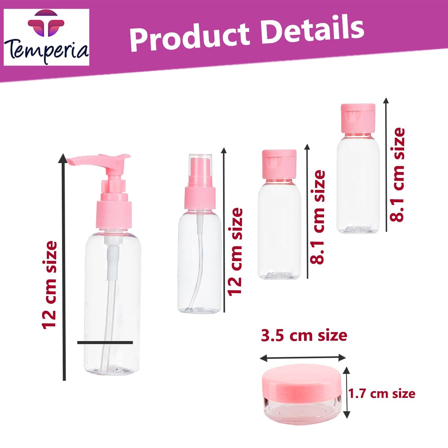 Temperia (7pcs Travel Bottles for Toiletries - Refillable Empty Mini Small Container Travelling Kit Set for Shampoo, Cosmetics & Other Essentials - with Pouch (Random Colours)