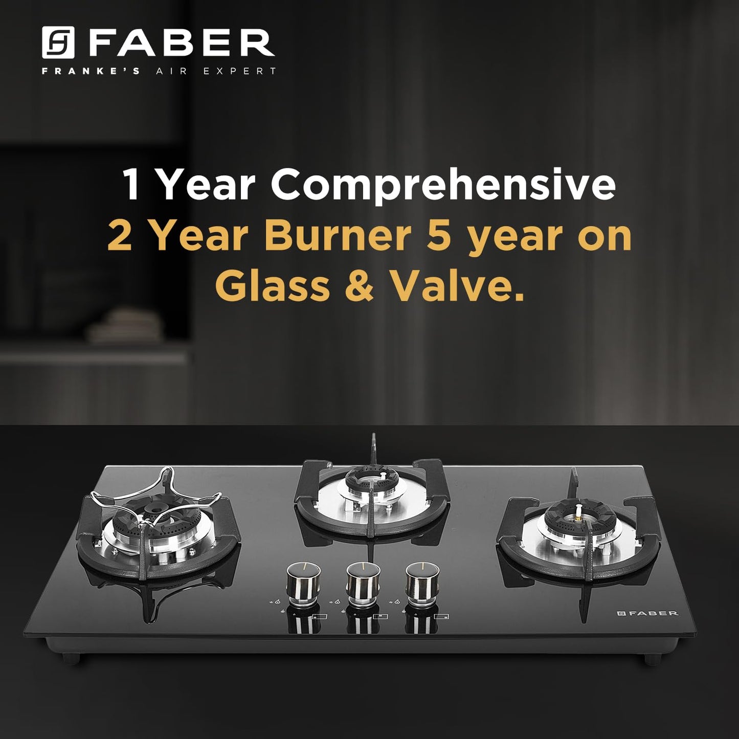 Faber Hob 4 Burner | Auto-Ignition | Spillage Proof | HOB SUPERIA HT764 BR AI | Concealed Chamber | Metal Knobs | Pan Support | Black Glass Finish |5 Yr Warranty on Burner & Glass | 1 Yr comprehensive