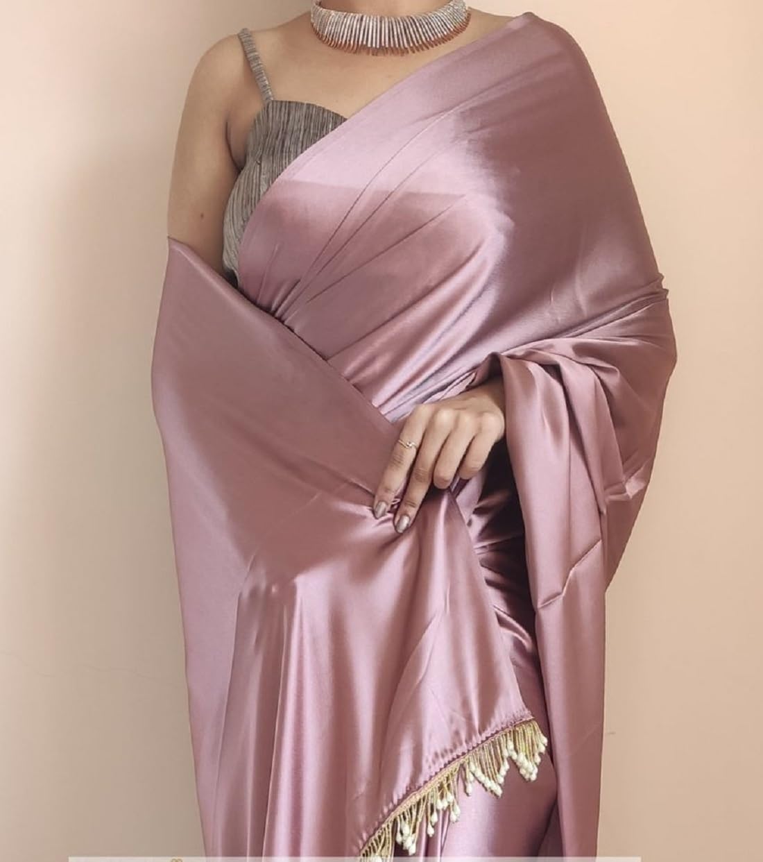 SATAZ Women's Ready to Wear Rose Gold Satin Silk 1 Minute Pre Pleated Saree with Unstitched Rose Gold Blouse