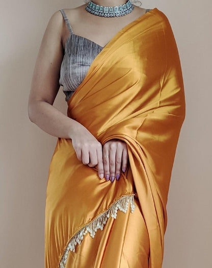 SATAZ Women's Ready to Wear Satin Silk 1 Minute Pre Pleated Yellow Haldi Heavy Saree With Hand Work Lace