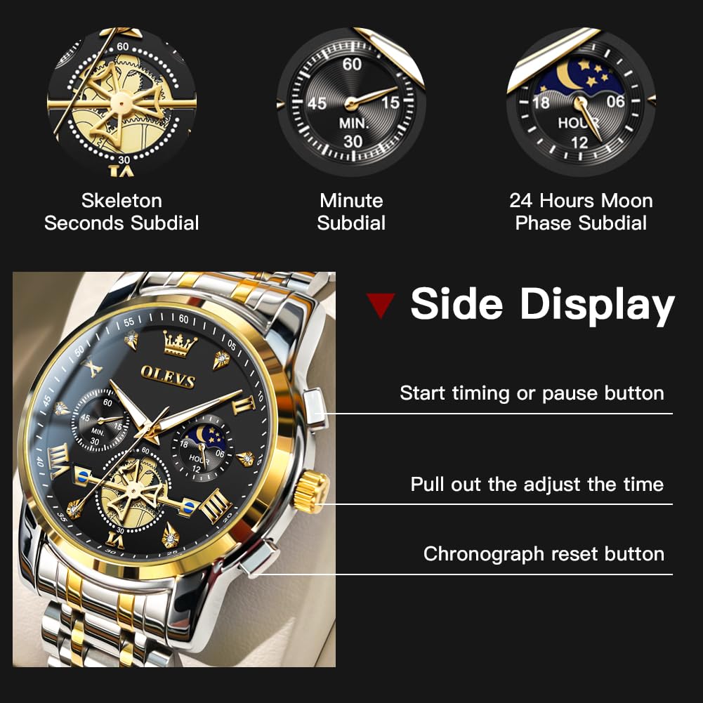 OLEVS Mens Watches Chain Chronograph Business Dress Quartz Stainless Steel Wrist Watch Waterproof Luminous Date