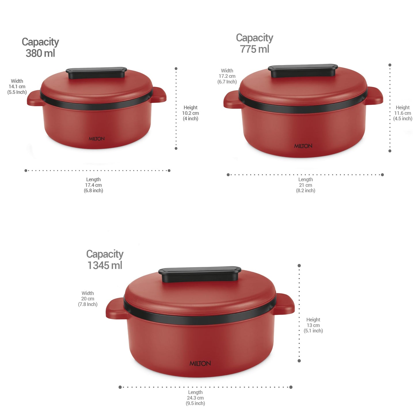 Milton Micronova Jr. Gift Set Inner Stainless Steel Casserole, Set of 3 (380 ml, 775 ml, 1345 ml), Grey, BPA Free, Food Grade, Hot and Cold, Microwaverable Steel, Dishwasher Safe, Chapati, Roti