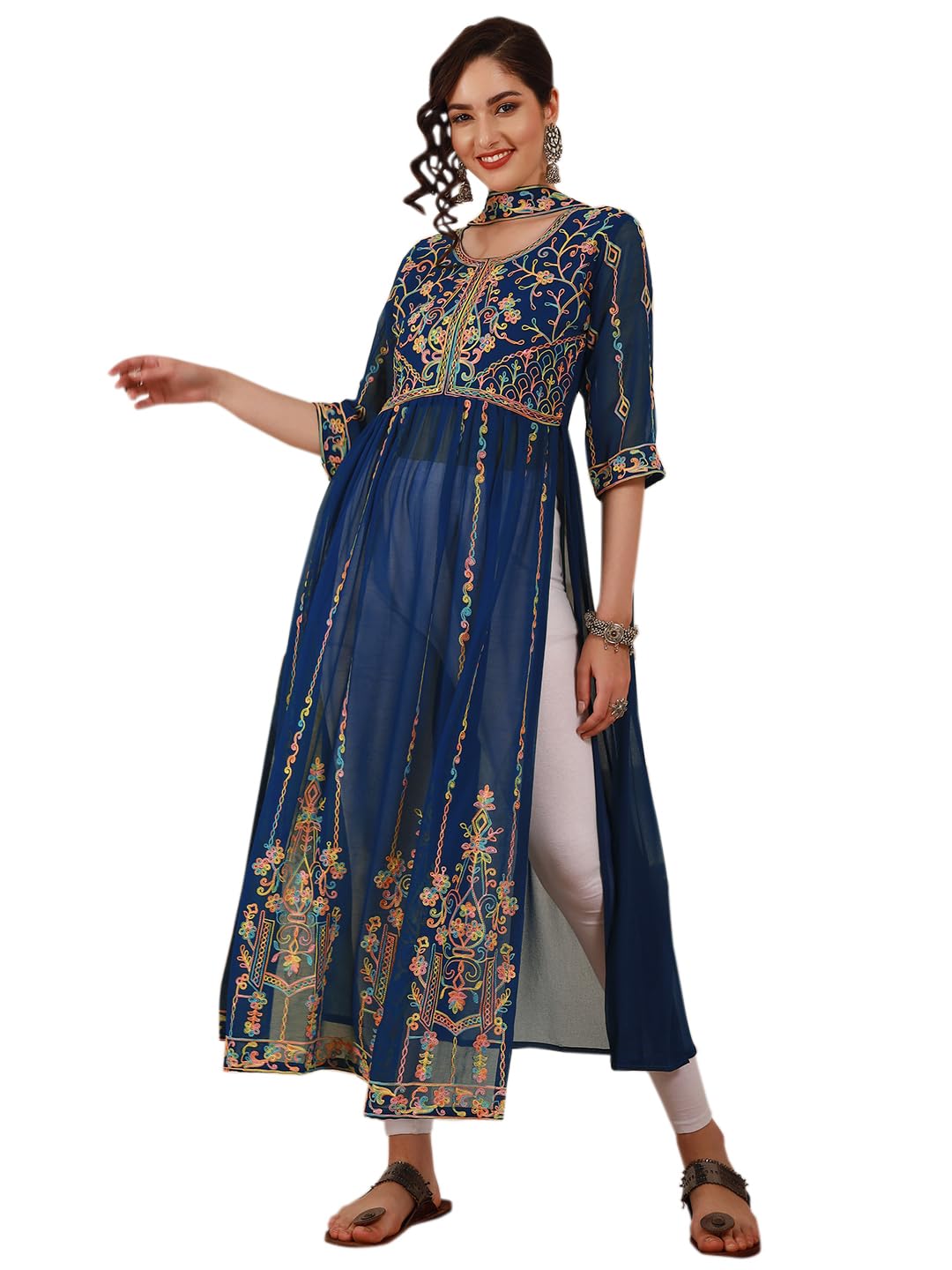 EthnicJunction Women's Georgette Embroidered And Sequence Work Naira Cut Kurta Set With Dupatta