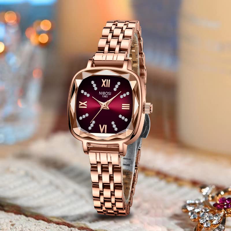 NIBOSI Women Stainless Steel Watches Analog Rose Gold Band and Square Dial Women's Watch for Girls&Miss&Ladies Diamond Studded with Stylish Watches Waterproof