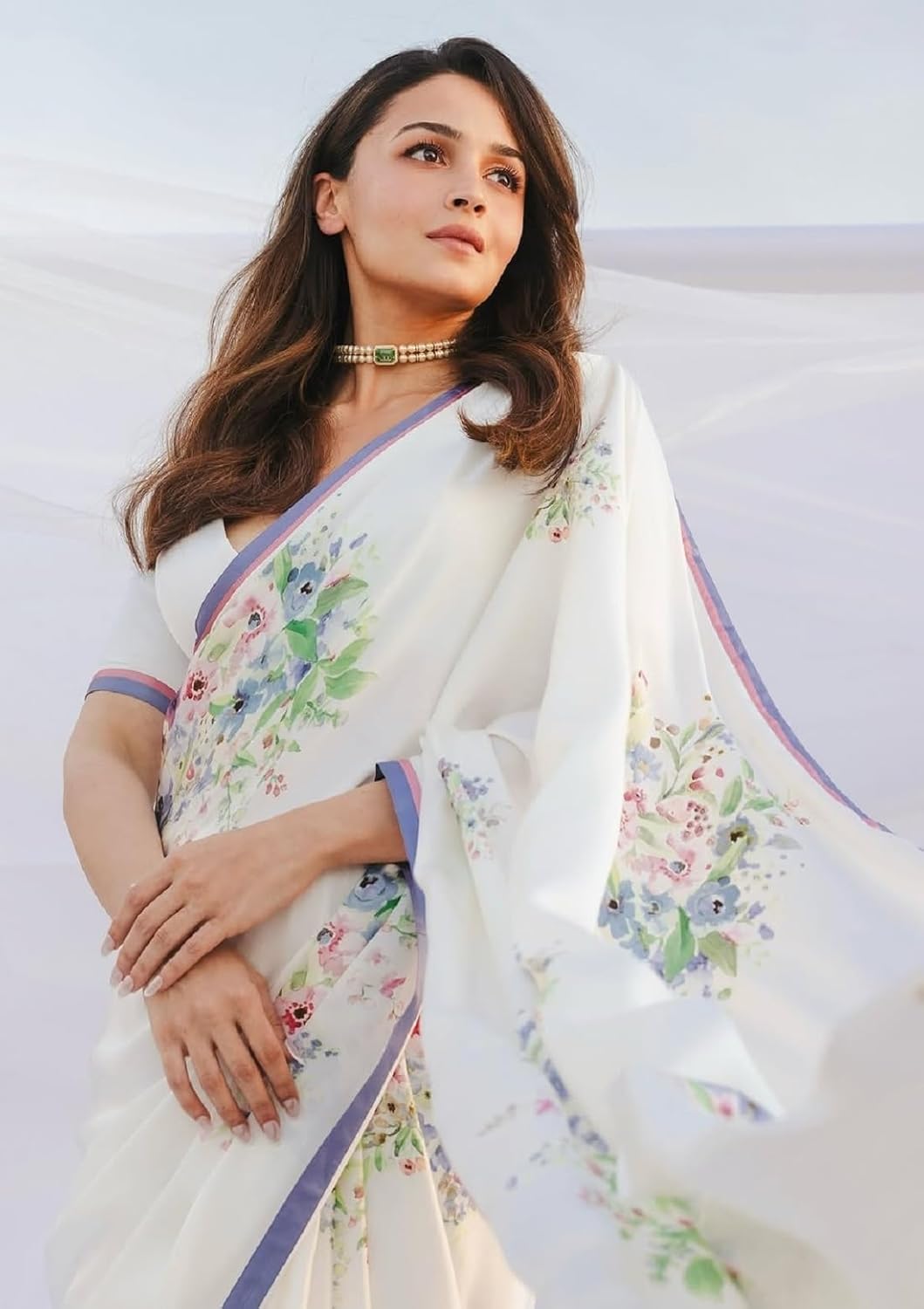 SATAZ Women's Ready to Wear White Floral Satin Silk One Minute Readymade Alia Bhatt Saree With Unstitched Blouse