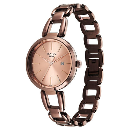 Titan Raga Viva Quartz Analog with Date Rose Gold Dial Brown Metal Strap Watch for Women-NS2642QM01