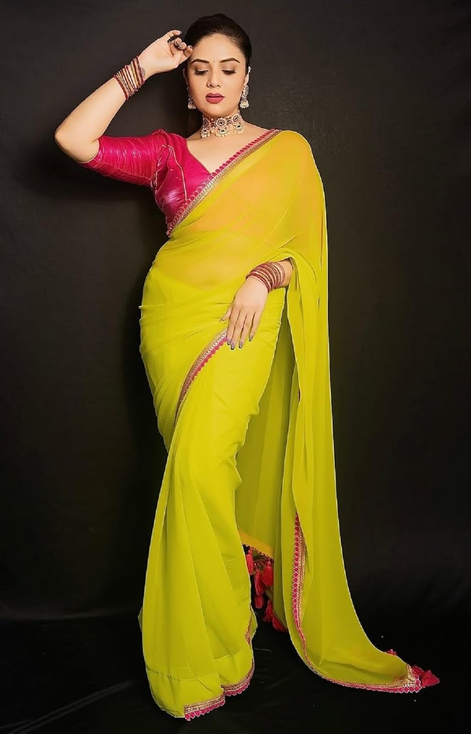 SATAZ Women's Ready to Wear Lemon Green Georgette 1 Minute Pre Pleated Bollywood Saree with Unstitched Silk Pink Blouse