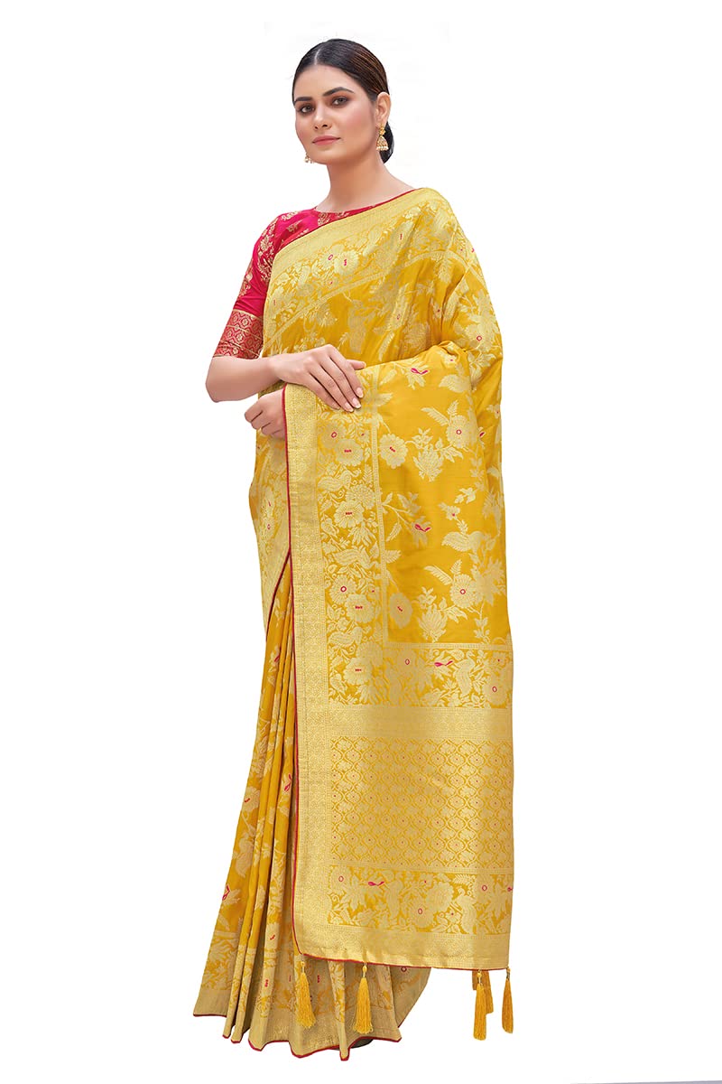 Monjolika Fashion Women's Banarasi Silk Blend Woven Zari With Tussles Saree and Jacquard Woven Blouse Piece (37765 color)