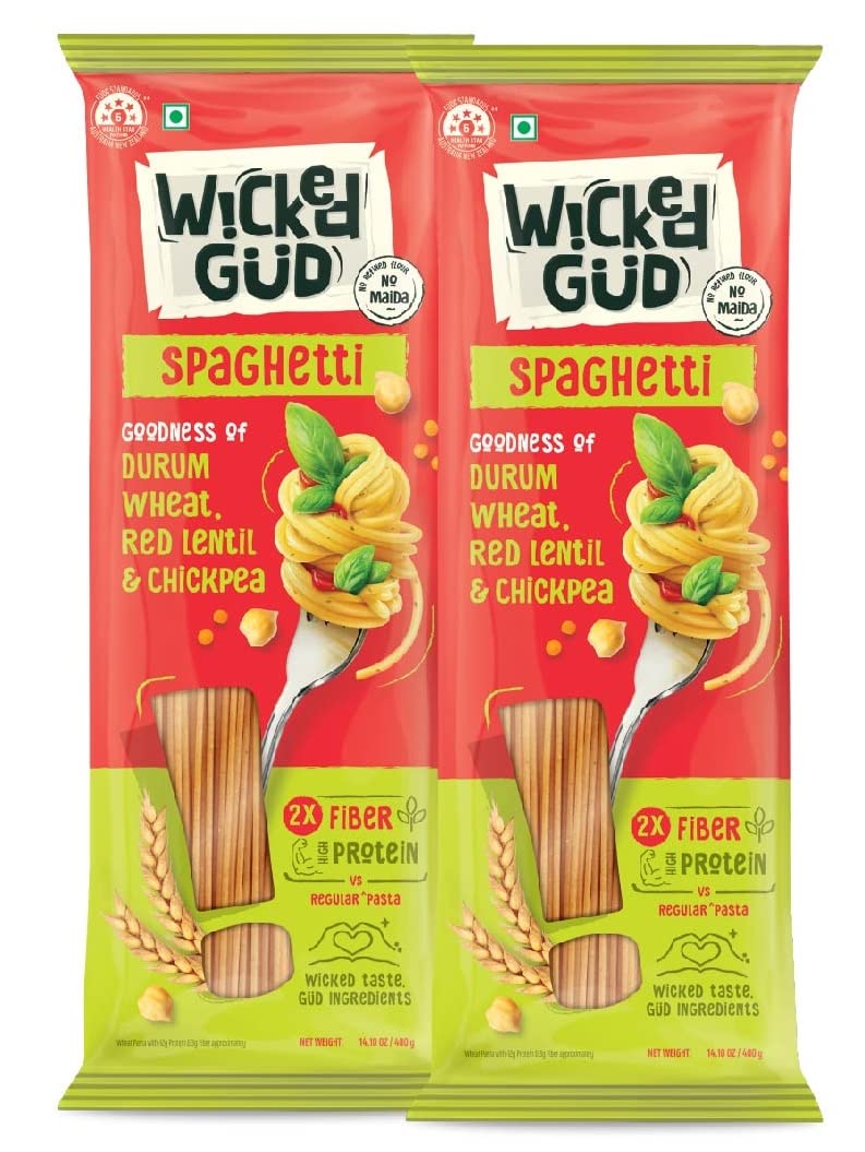 WickedGud 2X Fiber Spaghetti Pasta | No Maida | Durum Wheat Semolina | Brown Rice | Red Lentils | Healthy Diet Pasta - 400gm