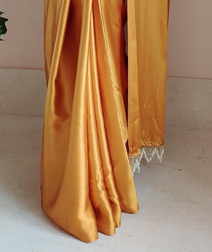 SATAZ Women's Ready to Wear Satin Silk 1 Minute Pre Pleated Yellow Haldi Heavy Saree With Hand Work Lace