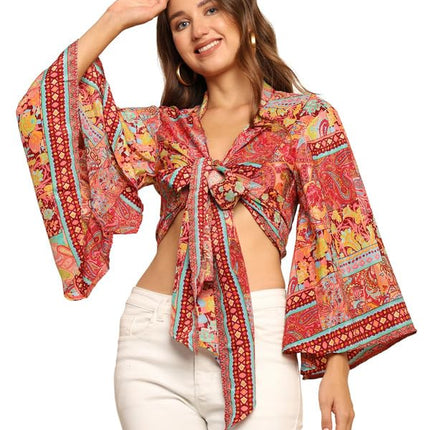 KE Kanha exportsWomen’s and Girls/Ladies Wrap Around Tops Beach wear Tunic Top V Neck Silk Casual Sleeve Printed Top Relaxed Fit Free Size