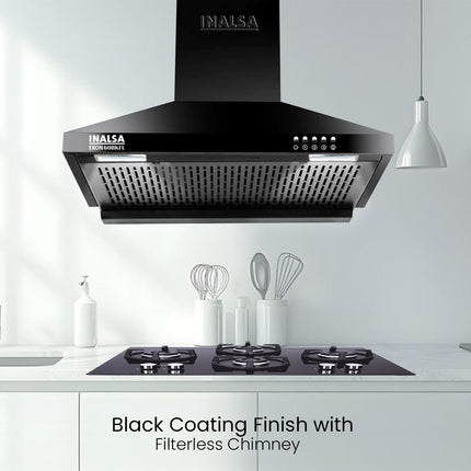 INALSA EKON 60cm 1100 m³/hr Pyramid Kitchen Chimney With Elegant Look|Push Button Control|Efficient Dual LED Lamps & Filterless|5 Year Warranty on Motor (Black)