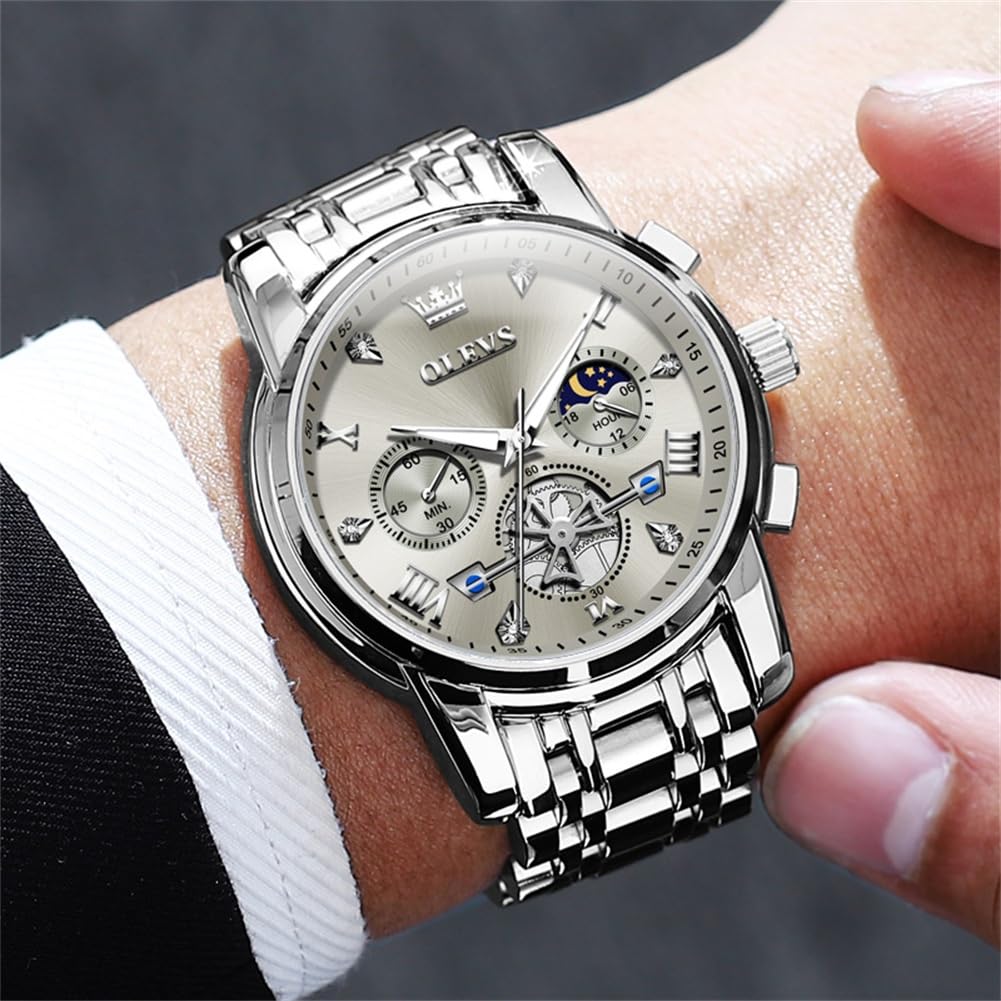 OLEVS Mens Watches Chain Chronograph Business Dress Quartz Stainless Steel Wrist Watch Waterproof Luminous Date