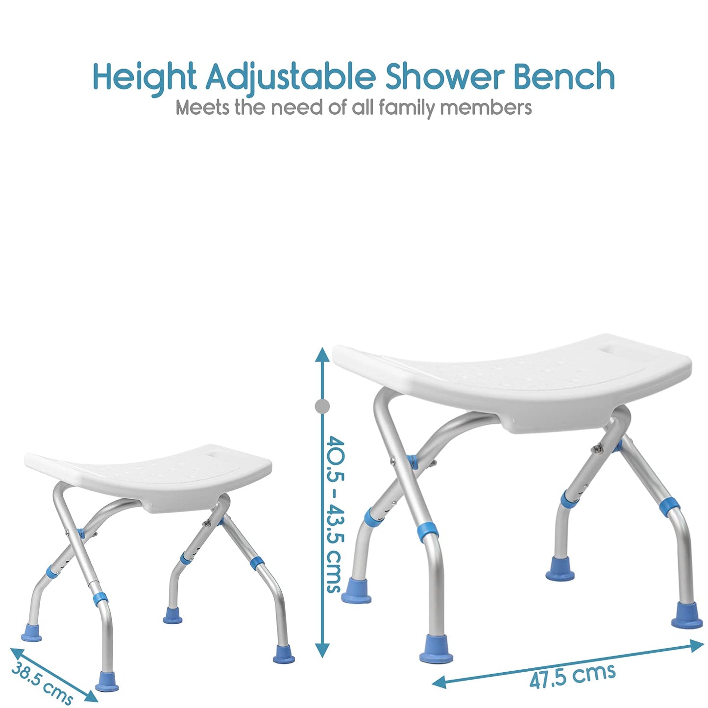 KosmoCare Premium Imported Shower Bench Without Back | Height Adjustable, Tool-Free Assembly Shower Chair with Anti-Slip Rubber Tips for Safety of Seniors & Elderly