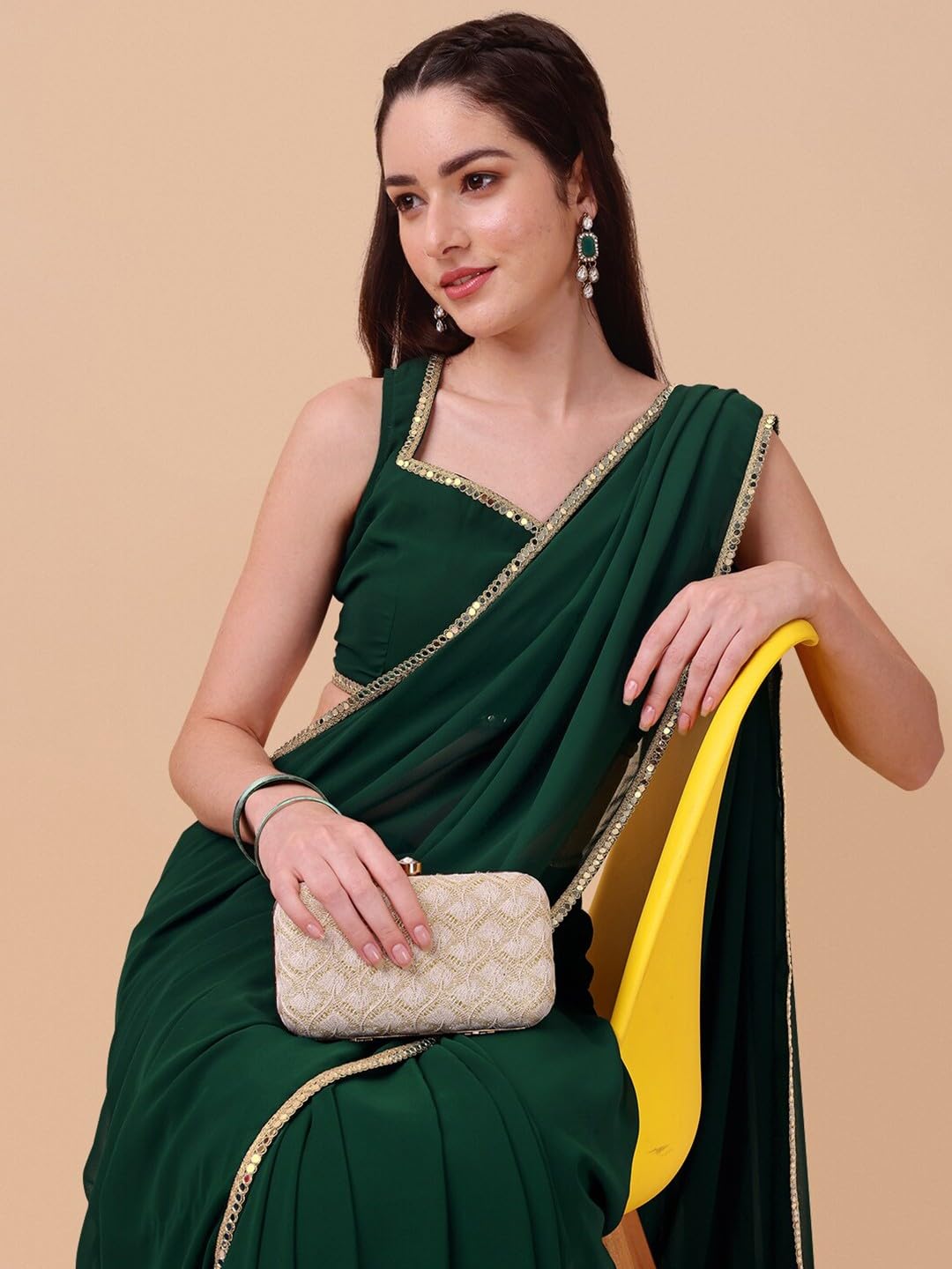 SATAZ Women's Ready to Wear Bottle Green Georgette 1 Minute Pre Pleated Mirror Lace Saree with Unstiched Blouse