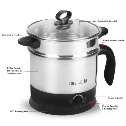 iBELL Mpk Premium Multi Purpose Kettle/Cooker With 2 Pots 1.2 Litre (Silver) - Stainless Steel 