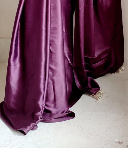 SATAZ Women's Ready to Wear Satin Silk 1 Minute Pre Pleated Heavy Saree with Designer Pearl Tassels Lace (Wine)